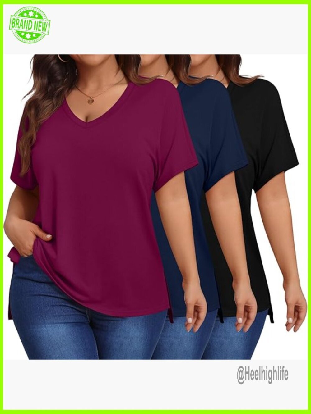Plus Size V-Neck T-Shirts, High Low Hem, Split Side, Summer Tees, 3 Pack